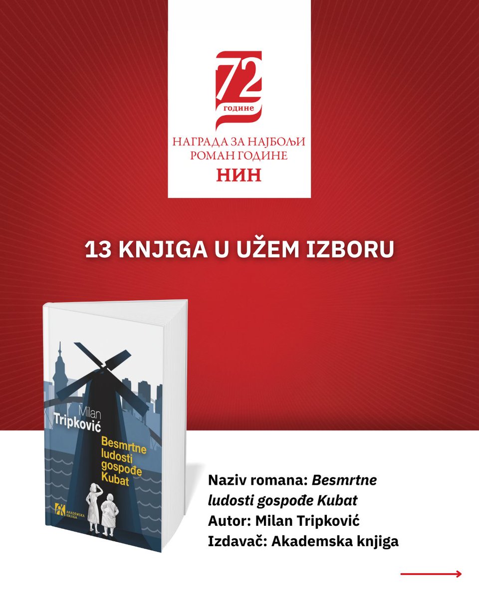 NedeljnikNIN's tweet photo. Za 72. NIN-ovu nagradu pristiglo je 195 naslova. Žiri je u širem izboru odabrao 39, a užem 13 romana.

Odabrani romani biće prikazani po redosledu pristizanja u redakciju.

Naziv romana: „Besmrtne ludosti gospođe Kubat”
Autor: Milan Tripković
Izdavač: Akademska knjiga https://t.co/54aYEfmGXs
