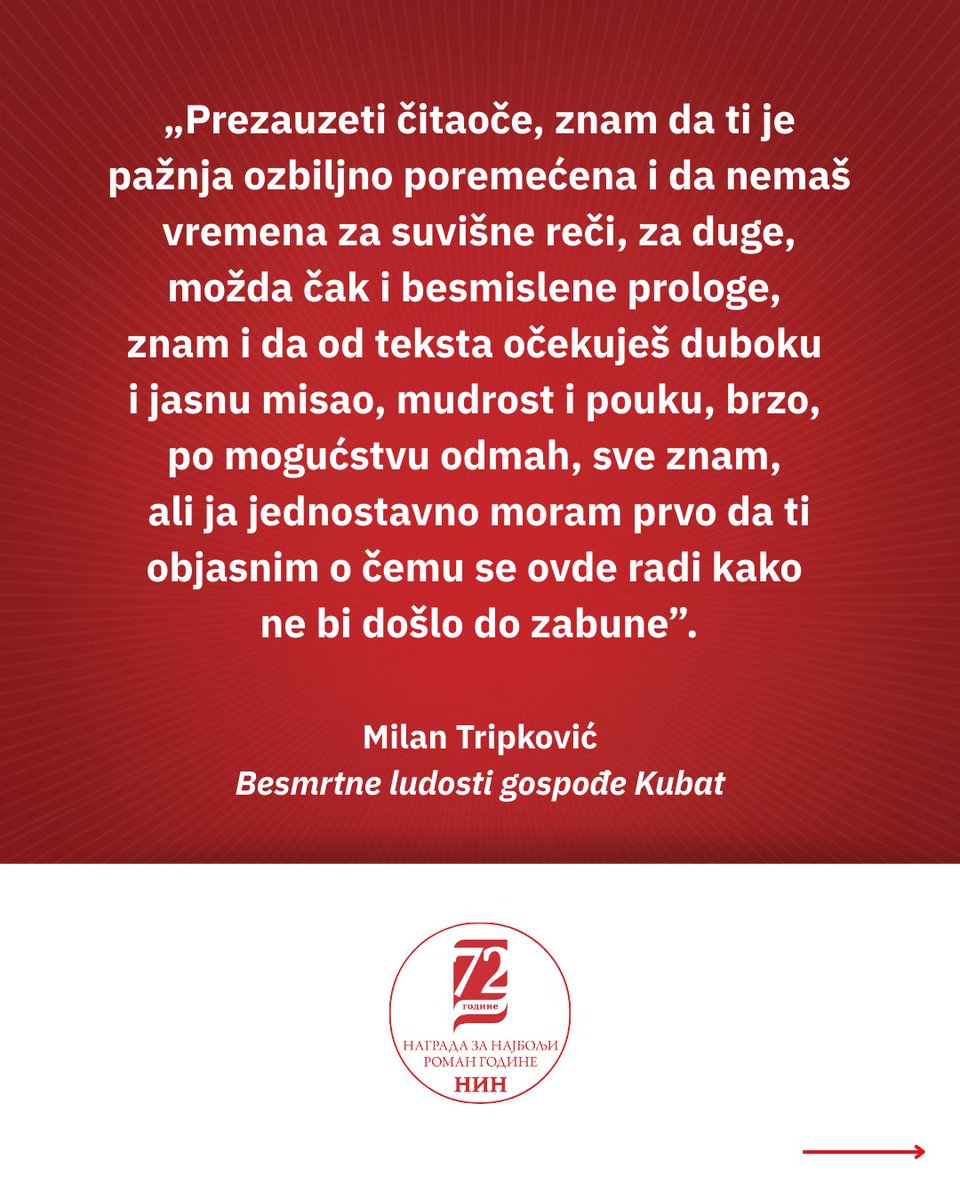 NedeljnikNIN's tweet photo. Za 72. NIN-ovu nagradu pristiglo je 195 naslova. Žiri je u širem izboru odabrao 39, a užem 13 romana.

Odabrani romani biće prikazani po redosledu pristizanja u redakciju.

Naziv romana: „Besmrtne ludosti gospođe Kubat”
Autor: Milan Tripković
Izdavač: Akademska knjiga https://t.co/54aYEfmGXs