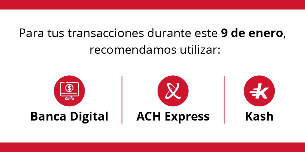 Estimados clientes:

Por motivo de reflexión del Día de los Mártires, estaremos cerrados este 9 de enero de 2026.

Conozca el horario de compensación de sus transacciones: bit.ly/HorariodeTrans…