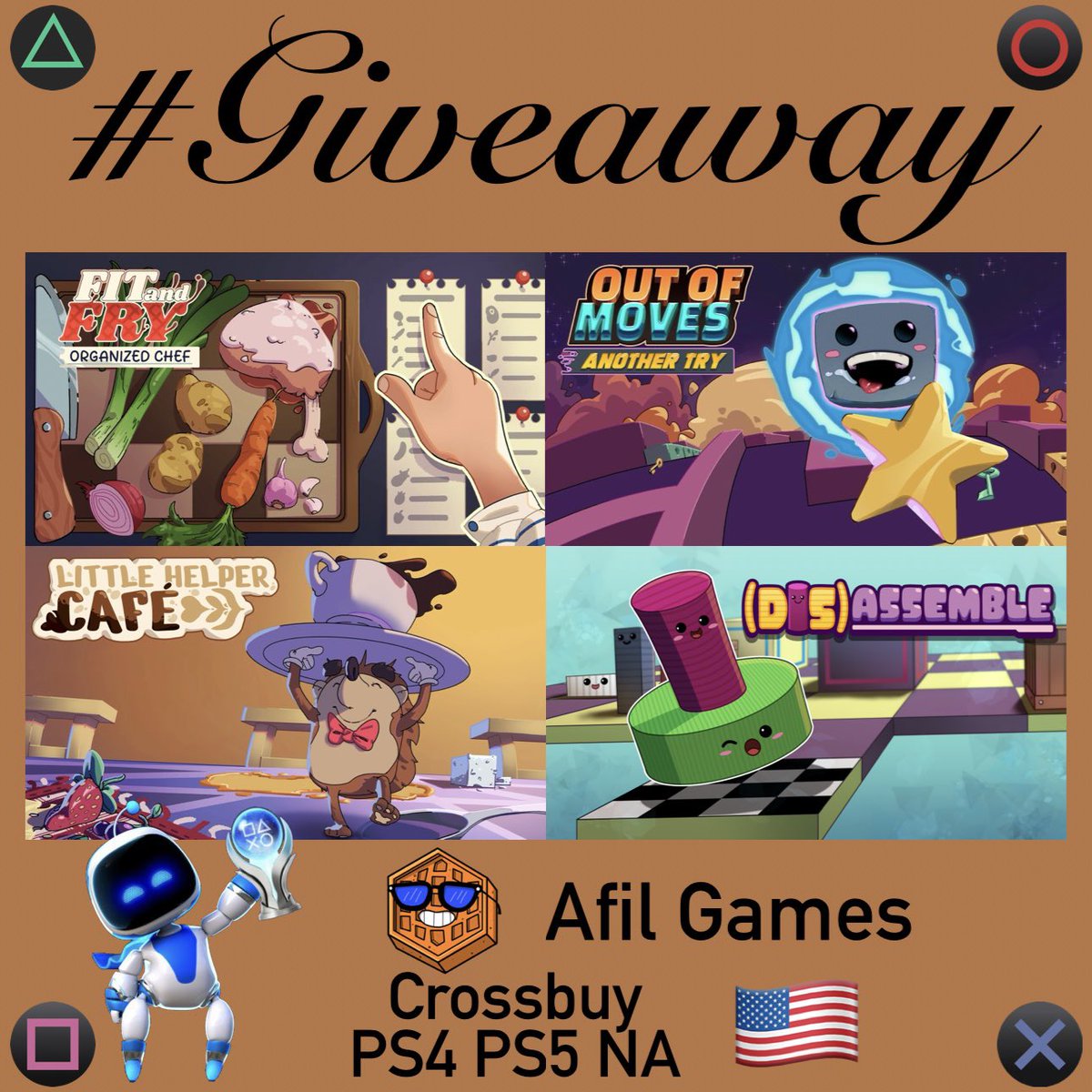 🎁 #Giveaway
🎮 Fit and Fry: Organized Chef
🎮 Out of Moves: Another Try
🎮 Little Helper Cafe
🎮 (Dis)Assemble
💬 Want a specific one Comment
🗝️ #PS4 #PS5  
🔄 Cross-Buy Code
🌐 🇺🇸 NA
🔁 Repost ❤️ Like 👤 Follow 
<a href="/PSN_Robert2567/">Robert2567</a> + <a href="/AfilGames/">Afil Games</a> 
⏳ Winners in 72h → Good luck🍀