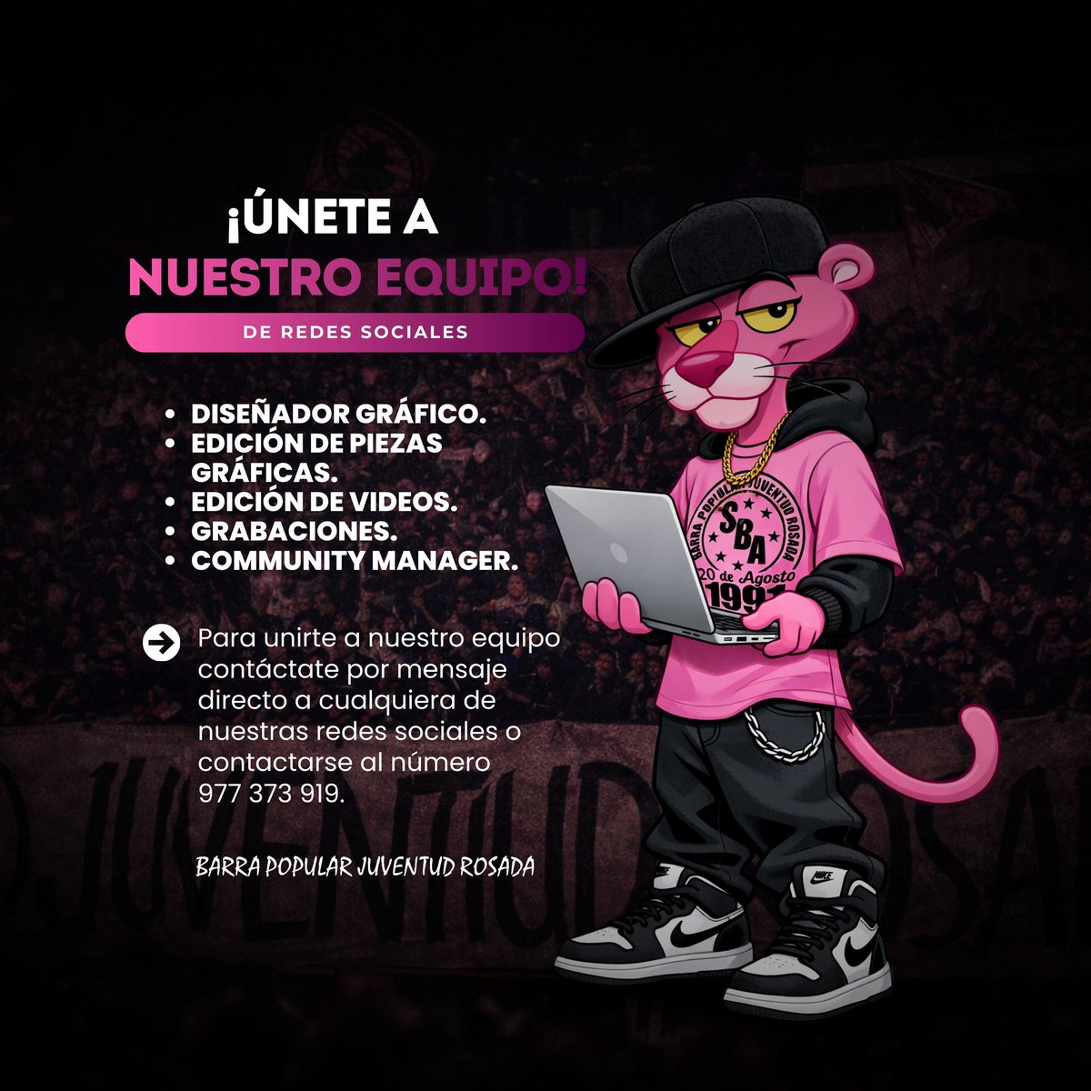 Atención Rosados 📢

¡Nuestro equipo de redes buscan refuerzos!

Nos encontramos buscando un diseñador para que sume al equipo. Todo aquel que se encuentre interesado puede contactarnos por inbox o al numero en detalle.

🔐 Plazo máximo : 07/Enero

#BPJR1991 Los Dueños Del Puerto