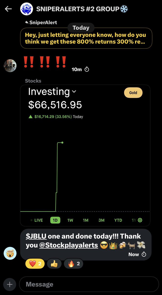 StockOptions888's tweet image. $JBLU + $16,000 TODAY FROM SOMEONE IN THE CHAT

LIFE CHANGING MONEY IS BEING MADE IN THE FREE GROUP DAILY ❤️

100% FREE ✅ ABSOLUTELY NO PAID SERVICES 

75 SLOTS REMAIN FOR TODAYS ADDING

TURN ON POST NOTIFICATIONS 🔔 

RT + COMMENT &amp;amp; ILL ADD YOU IN 🥇

$SPY $SPX