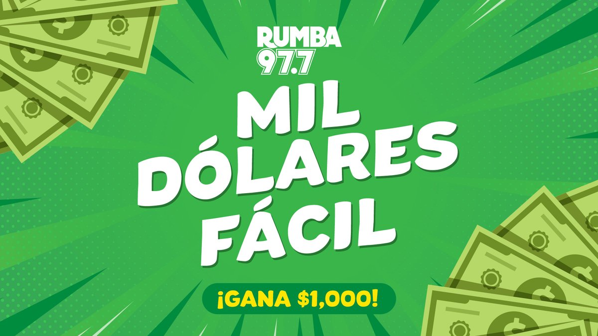 rumba977's tweet photo. ¡Rumba tiene trece oportunidades de ganar mil dólares cada día con "Mil Dólares Fácil!"

Eso es cada hora de lunes a viernes, desde las 9 a.m. hasta las 9 p.m.

Escucha la palabra clave y luego ingresa en https://t.co/Xl7Dcia4PG. https://t.co/xM5kfNWJfR