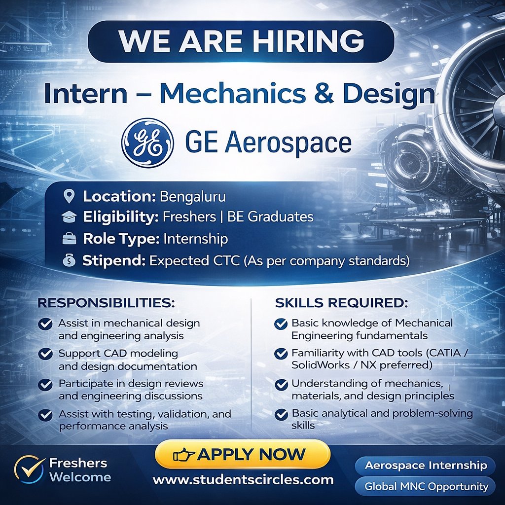 karthikpattadi's tweet photo. 🏢 Company: GE Aerospace

🧾 Job Role: Intern – Mechanics &amp; Design
📍 Location: Bengaluru

🔗 Apply Now: https://t.co/AIGQUhCo5m

👉 Get Placement : https://t.co/k2zfuD0JPs 

#MechanicalEngineering #DesignIntern #EngineeringInternship #FreshersJobs #BEGraduates #BengaluruJobs https://t.co/rg4S7cgQWr