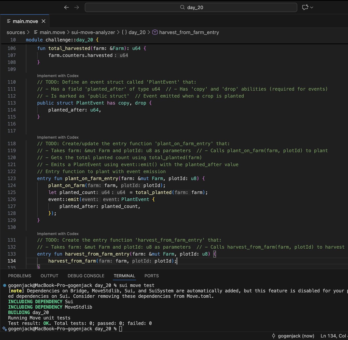 Day 20 / 21 – Sui Challenge

Today’s progress:
 ▫️ Worked on Events in Move. Defined a PlantEvent and updated the farm entry flow to emit an on-chain event after planting, including the updated planted_after counter. Seeing actions turn into searchable history like this makes the