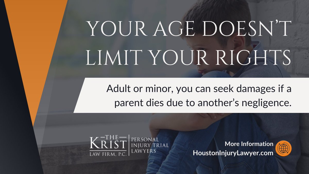 TheKristLawFirm's tweet image. In Texas, children of any age — adult or minor — can pursue a wrongful death claim if a parent dies because of someone else’s #negligence. Understanding your rights can be an important step. Learn more: bit.ly/49p9FJg  | #WrongfulDeath #TexasLaw