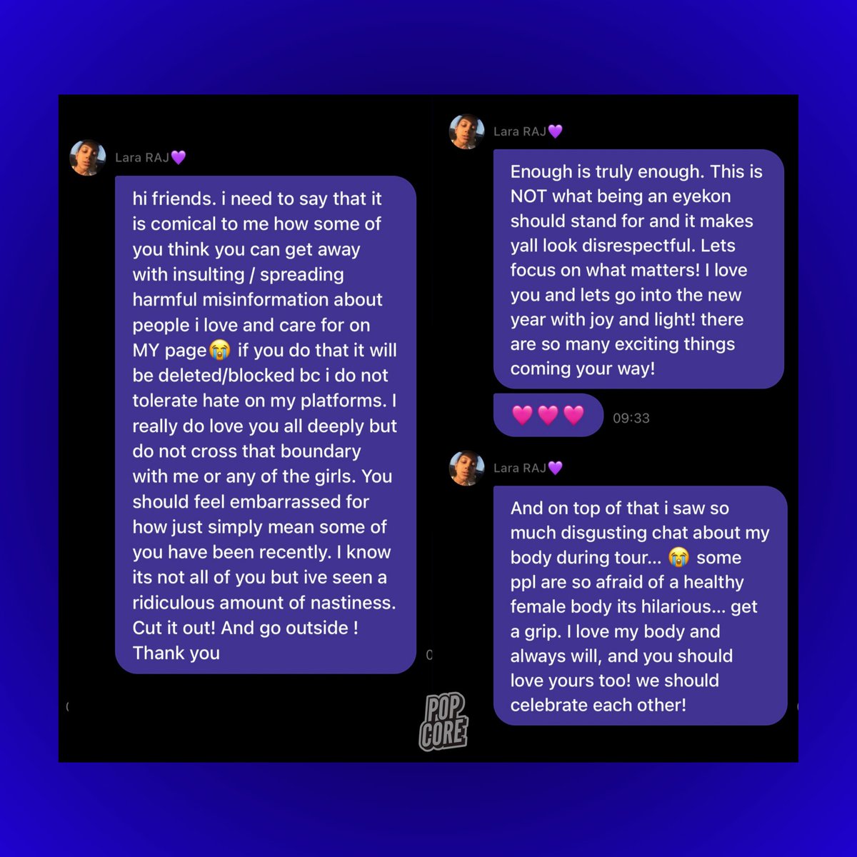 KATSEYE’s Lara Raj speaks out against toxic behavior on Weverse, calling out misinformation, insults, and body shaming:

“And on top of that i saw so much disgusting chat about my body during tour... 😭 some ppl are so afraid of a healthy female body it’s hilarious... get a grip.