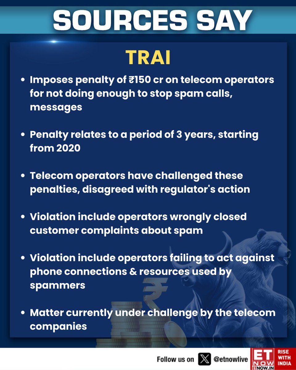 ETNOWlive's tweet image. #SourcesSay | TRAI: Imposes penalty of ₹150 cr on telecom operators for not doing enough to stop spam calls, messages

@CharuSingh_345 #TRAI #Telecoms #SpamCalls