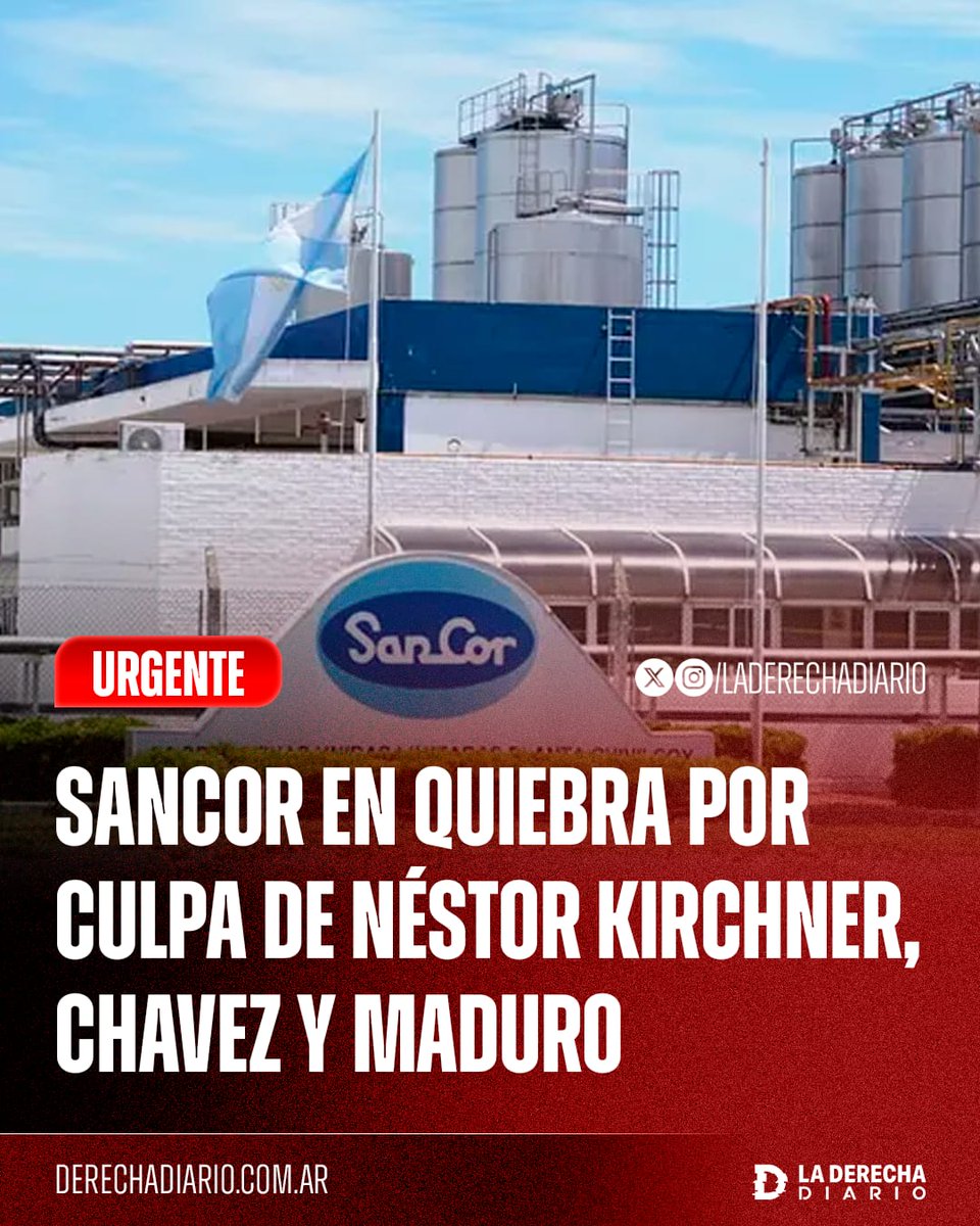 🚨🇦🇷🇻🇪 | #URGENTE SANCOR EN QUIEBRA POR CULPA DE NÉSTOR KIRCHNER, CHÁVEZ Y MADURO

Venezuela le debe a la empresa láctea argentina unos 18 millones de dólares, una deuda originada en los acuerdos bilaterales de 2006 entre los gobiernos de Hugo Chávez y Néstor Kirchner.

El