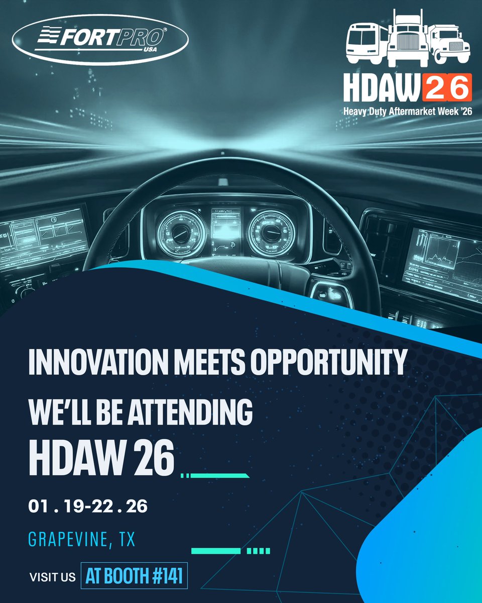 Fortpro's tweet image. Innovation meets opportunity. 🚛⚙️
We’re excited to announce that FortPro USA will be attending HDAW 26 – Heavy Duty Aftermarket Week.

📍 Grapevine, TX
📅 January 19–22, 2026

👉 Visit us at Booth #141