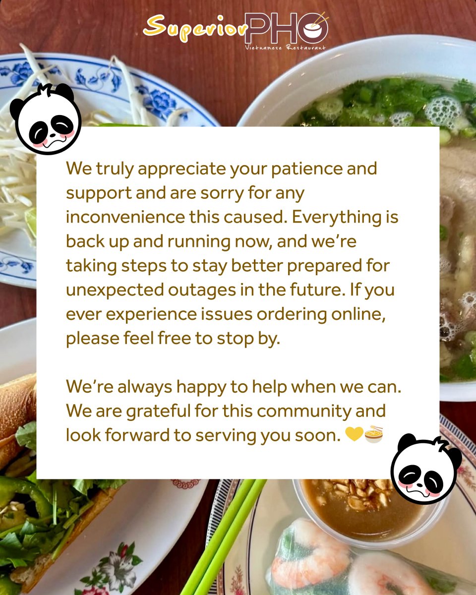 Thanks for your patience last Friday 💛
A citywide internet outage affected our ordering and phone lines, but everything is back up now. Read below for more details. 

We appreciate you. Thank you for your patience! 🍜
#ClevelandEats