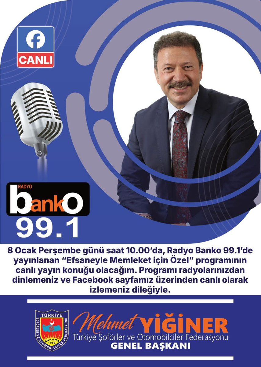 MehmetYiginer's tweet image. 8 Ocak Perşembe günü saat 10.00’da, Radyo Banko 99.1’de yayınlanan “Efsaneyle Memleket için Özel” programının canlı yayın konuğu olacağım. Programı radyolarınızdan dinlemeniz ve Facebook sayfamız üzerinden canlı olarak izlemeniz dileğiyle.