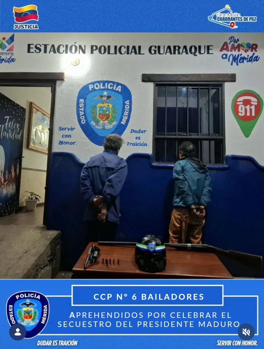 🇻🇪 | AHORA — El régimen de Delcy Rodriguez acaba de secuestrar a dos ciudadanos en el Estado de Merida por haber celebrado y “ponerse contentos” por la captura del dictador Nicolás Maduro.

Lo anunció la Policía de Merida en su cuenta oficial. Increíble.