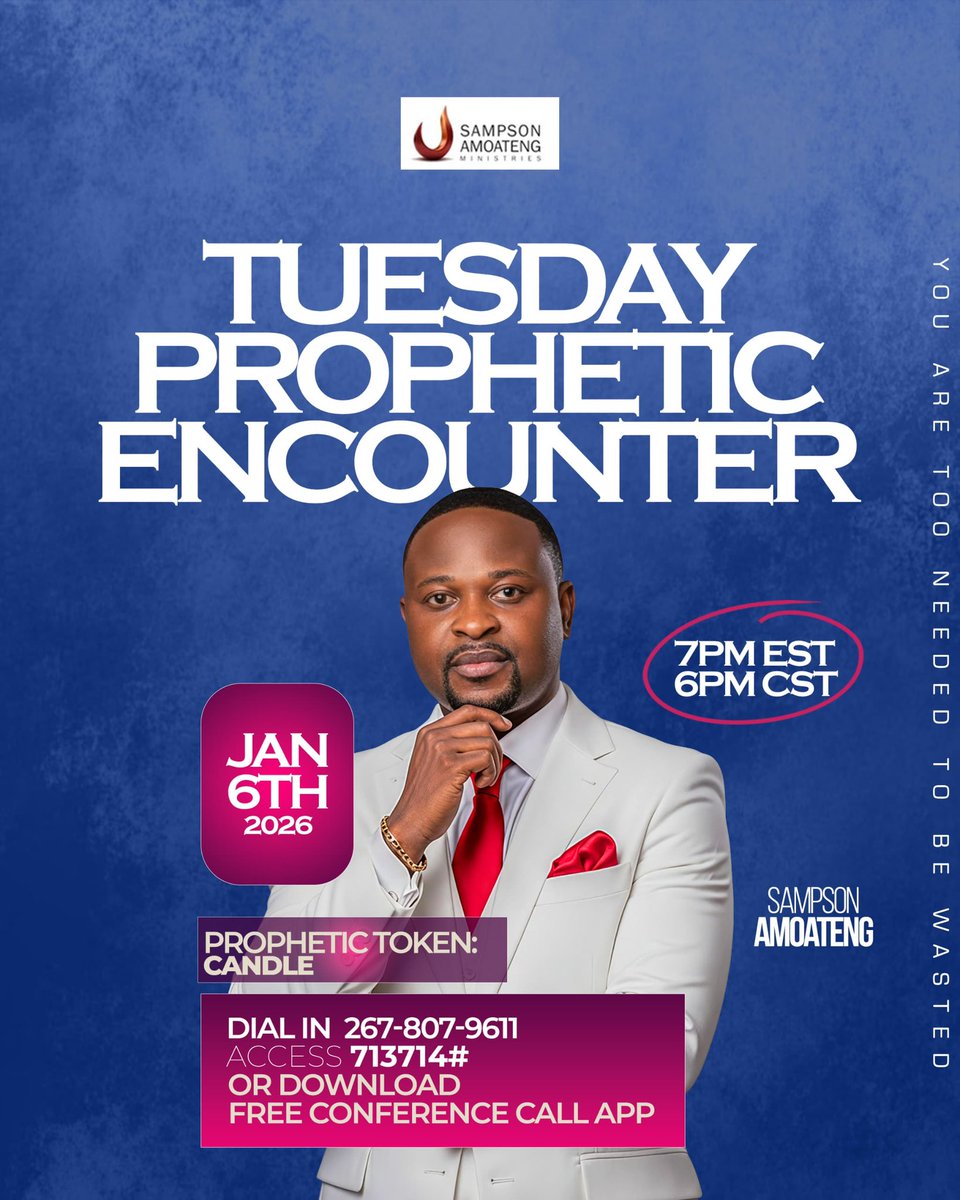 It’s Tuesday Prophetic Encounter 🔥🔥🔥
Join us tonight on the free conference call app at 7pm EST || 6pm CST for an Encounter with the Prophet.  
DIAL IN: 267 807 9611
ACCESS CODE: 713714#
MEETING ID: prophetsampson