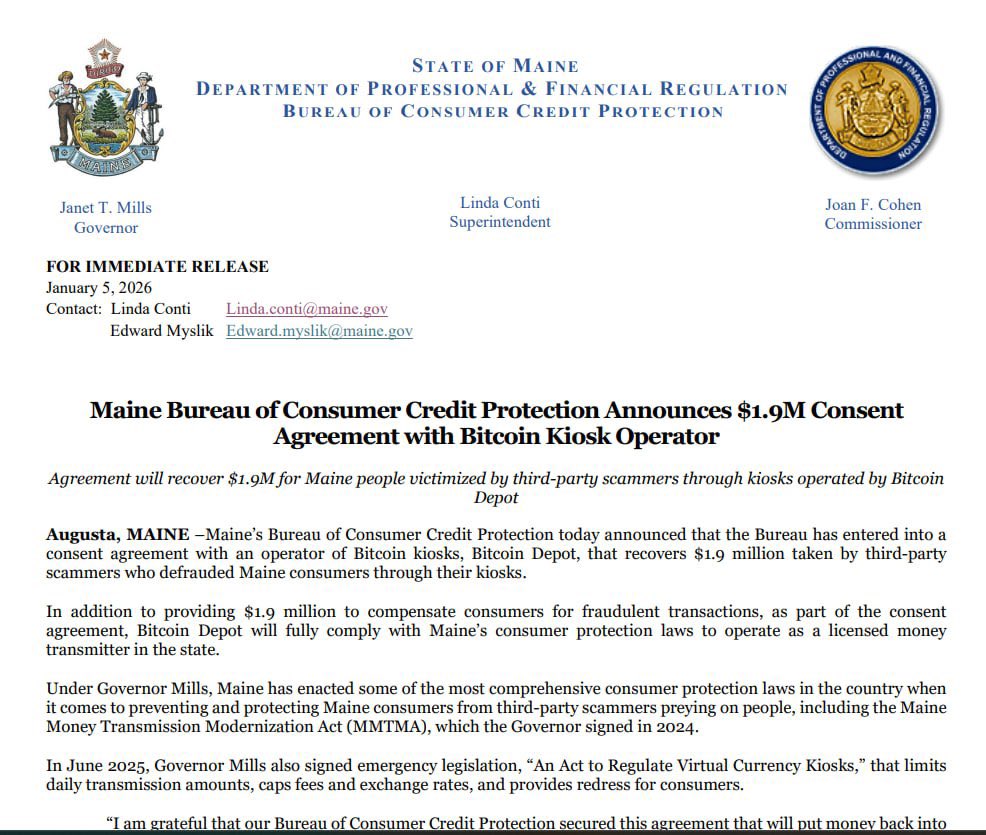 🇺🇸 JUST IN: Maine secures a $1.9M settlement from Bitcoin Depot over crypto  ATM scam losses. Victims have until April 1, 2026 to file claims.