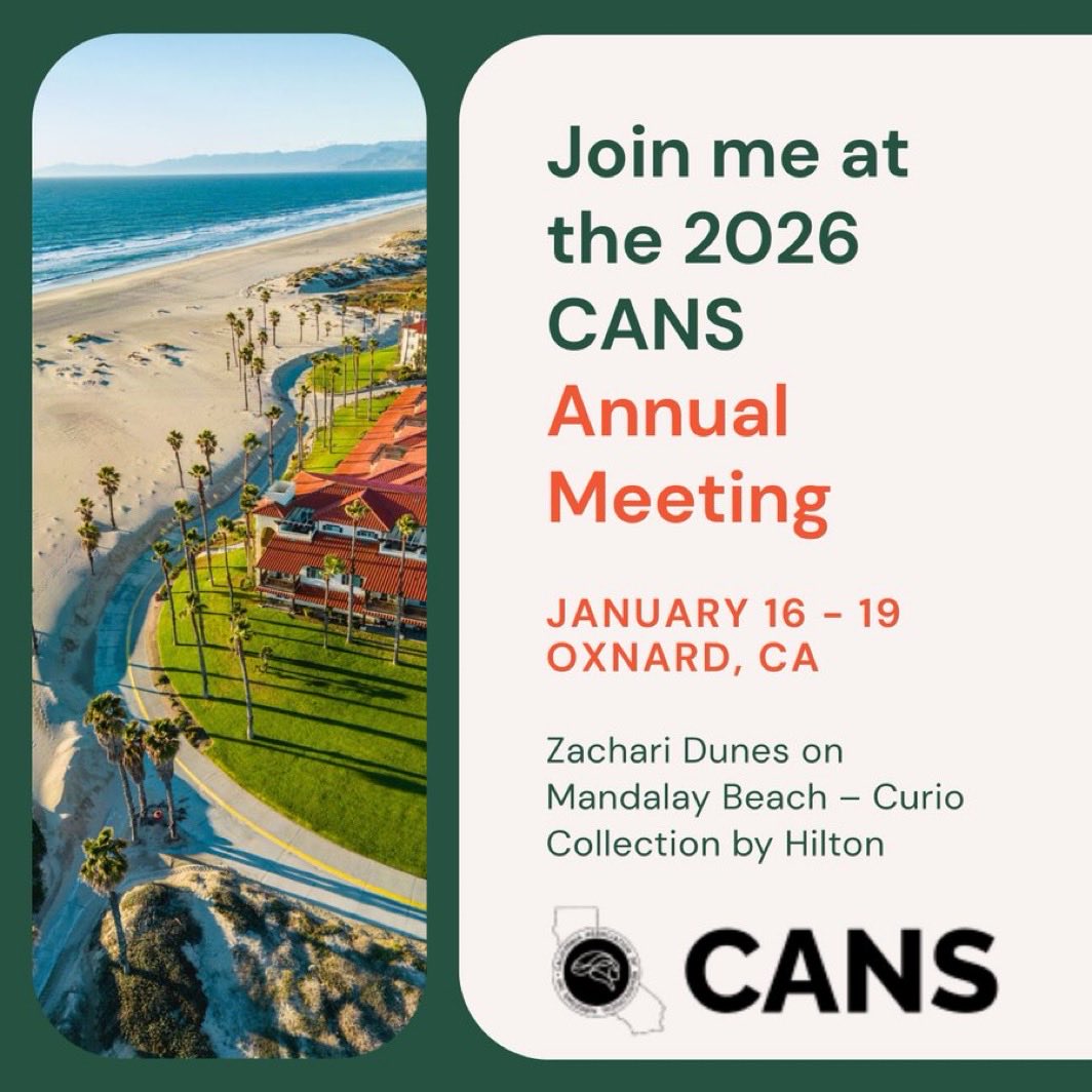 NamathHussainMD's tweet photo. #Neurosurgery colleagues — join us at the annual @CaNeuroSurgeons (CANS) Meeting 📍
🗓 Jan 16–19 | Oxnard, CA
Outstanding abstracts, meaningful networking, and high-quality, affordable CME on California’s coast.
Hope to see you there!

https://t.co/2LqUsdlyaZ https://t.co/OrMInCt7Rj