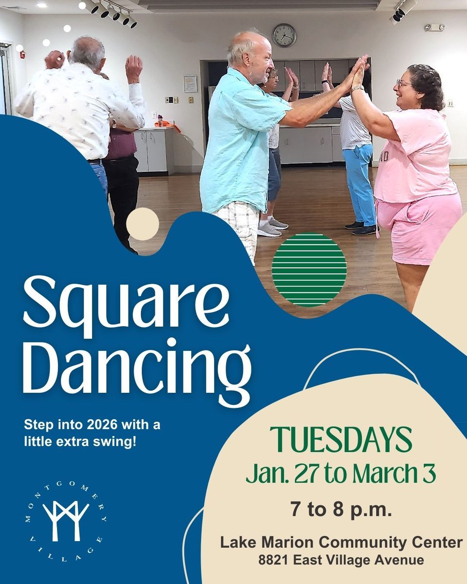 MontVillageMD's tweet image. New year, new moves, new memories–step into 2026 with a little extra swing! 💃🕺

Try our #SquareDancing class for adults and teens ages 13+.

📅 Tue., Jan. 27 to March 3
⏰ 7 to 8 p.m.
📍 Lake Marion Community Center (8821 East Village Ave)

Sign up: tinyurl.com/SquareDance-W2…