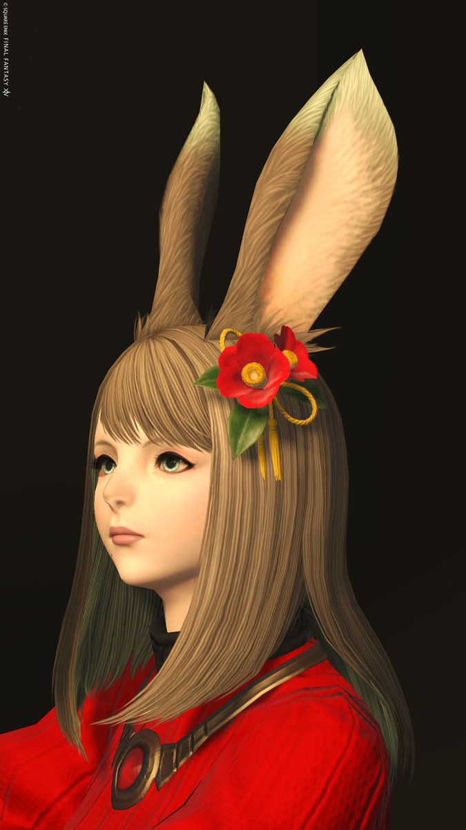 #おはウサ 🐰 

和装に合いそうな髪飾り
時期的にも椿なのかな？

#3shineViera #FF14 #ヴィエラ