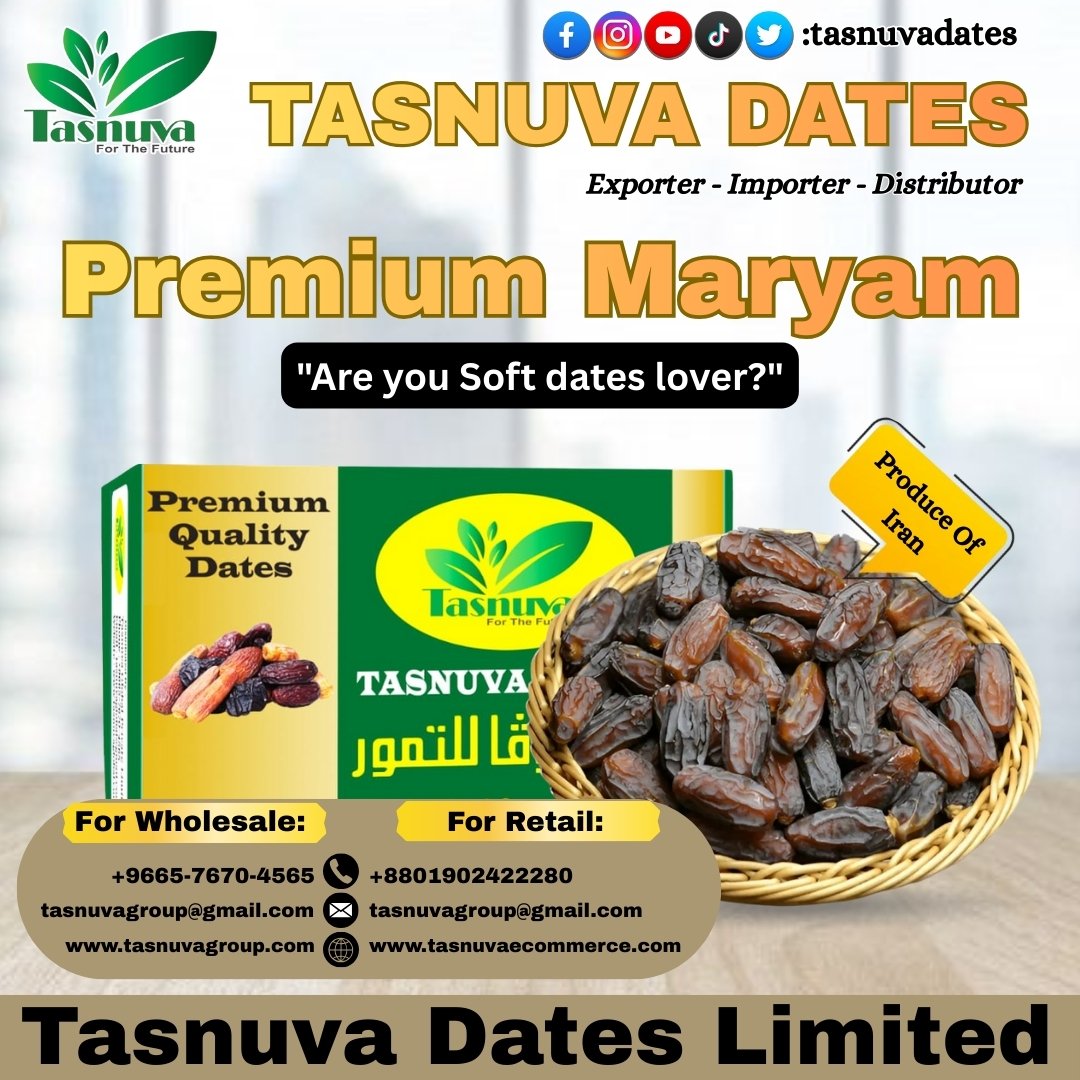 tasnuvadates's tweet photo. Premium Maryam Dates
Premium Maryam খেজুর তার নরম টেক্সচার ও পরিমিত মিষ্টতার জন্য খুবই জনপ্রিয়।
 Contact For Retail:
📞 +8801902422280
📧 tasnuvagroup@gmail.com
🌐 https://t.co/VJBpzJ3CXp
 Contact For Wholesale:
📞 +9665-76704565
📧 tasnuvagroup@gmail.com https://t.co/ykFT7Ep3Jf