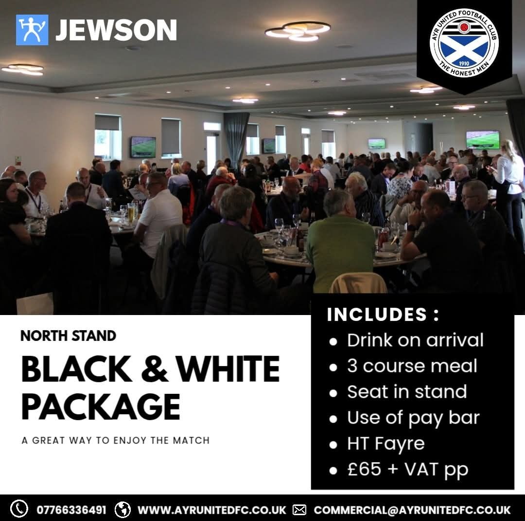 Hospitality places are still available for Saturday's match. Ticket sales close tomorrow.

🎟️ tickets.ayrunitedtickets.co.uk/event/airdrie-…

#WeAreUnited