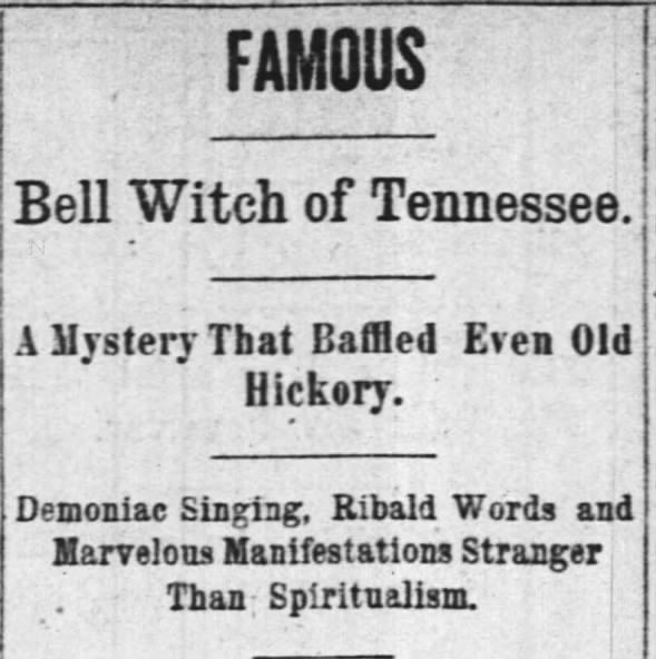 rrriot_kitty's tweet photo. The Bell Witch is my favorite local ghost story. It’s the most documented haunting &amp; the only time a death was attributed to a spirit.
The phenomena focused on the Bell family in Adams, Tennessee from 1817-1821 &amp; even involved a future president! 🧵
#BellWitch #TennesseeHistory https://t.co/F4boYGcuke