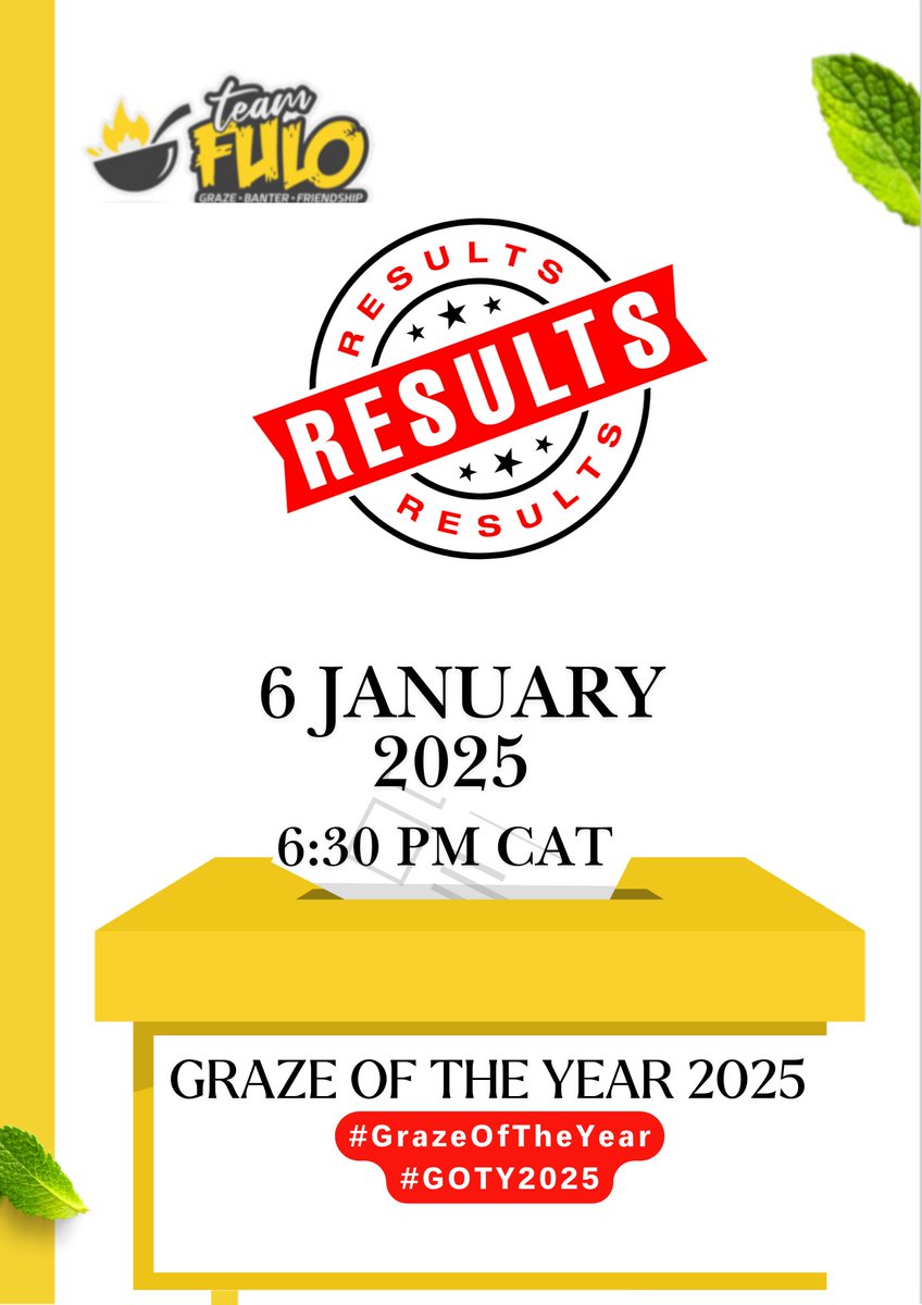 ‼️ZIMBABWE, THE RESULTS ARE IN‼️

The votes have been counted, verified, and we’ve chosen our favourite meal for #GOTY2025.

The results will be announced today Tuesday, 6 January 2026, on <a href="/TeamFuloZim/">TeamFuloZim/Global</a> at 6:30 PM CAT.

Be there to see who takes the crown as the best home chef of
