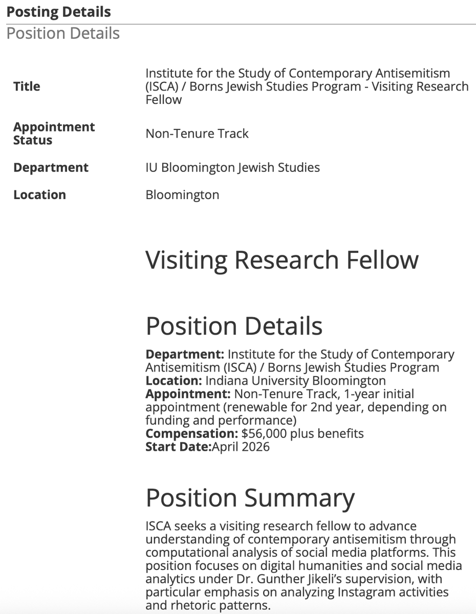 Eine Ausschreibung von unserem Kooperationspartner Institute for the Study of Contemporary Antisemitism in, Bloomington, Indiana: indiana.peopleadmin.com/postings/31689