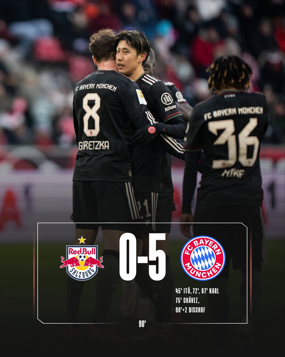 【試合終了】

🇦🇹ザルツブルク 0-5 バイエルン🇩🇪

伊藤洋輝のゴールが決勝点となりバイエルンが2026年初勝利🔥

北野颯太＆チェイスアンリも出場を果たす🇯🇵

📸<a href="/FCBayern/">FC Bayern München</a>