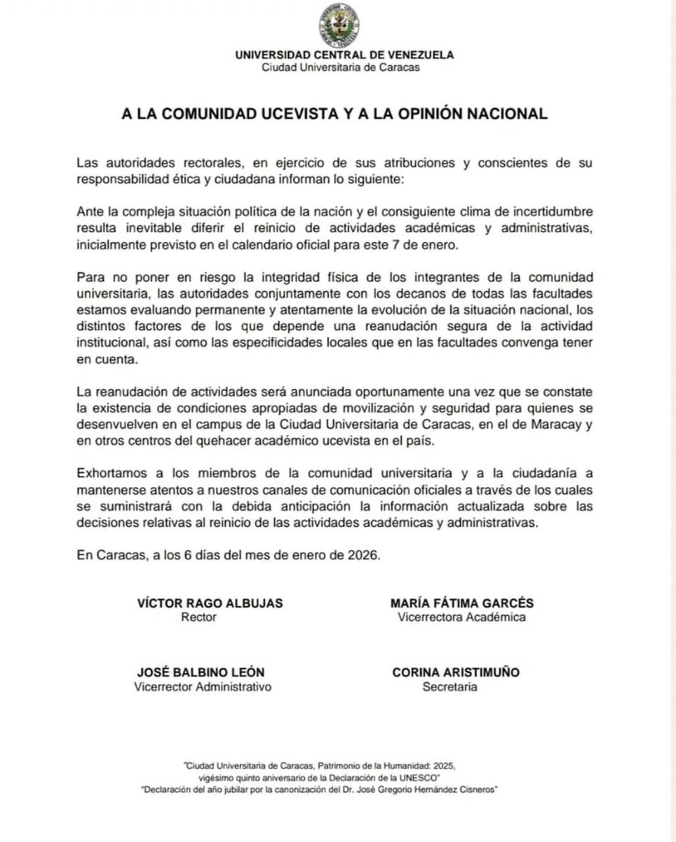 ACTIVIDADES SUSPENDIDAS EN LA UCV: 

El rectorado de la Universidad Central de Venezuela emitió un comunicado en el que señala que las actividades se retomarán cuando estén dadas las condiciones.