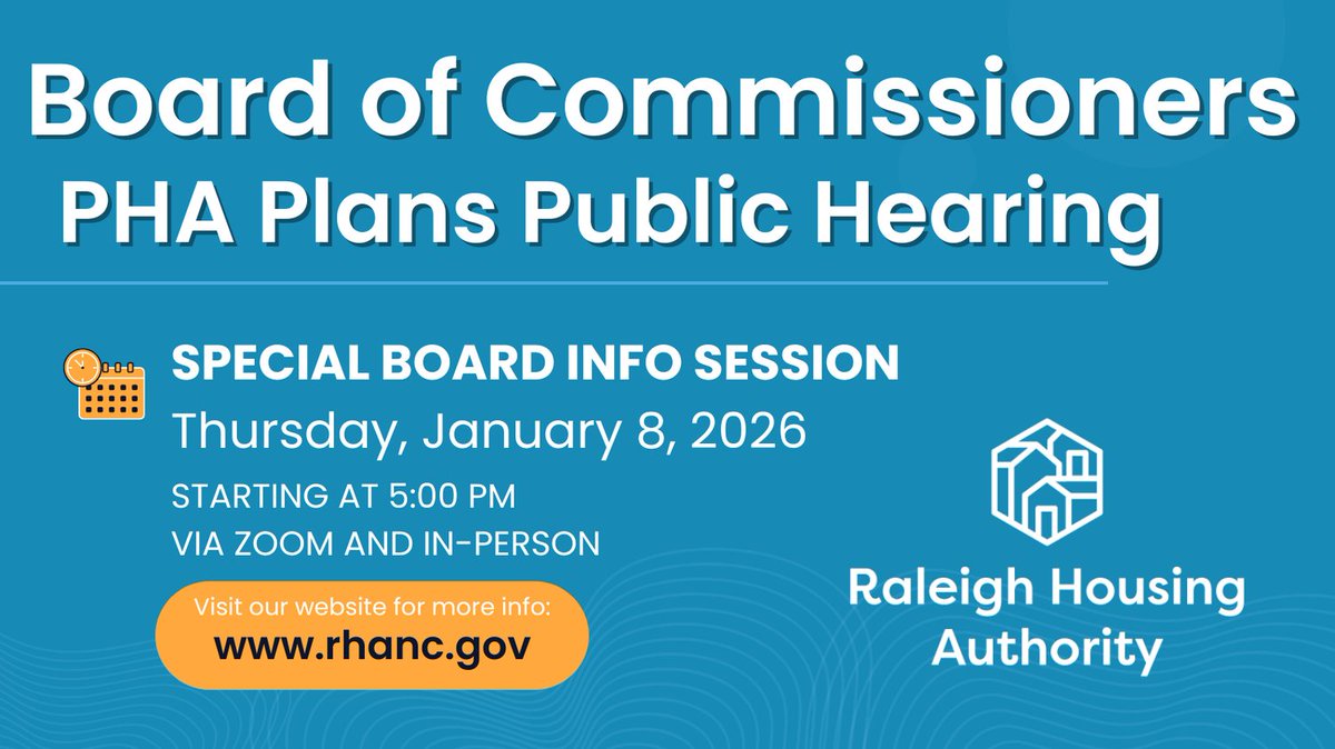 Join the RHA Board of Commissioners this Thursday 1/8 at 5pm for a special public hearing to cover:
• 5-Year PHA Plan Amendment
• Annual PHA Plan 
• Capital Fund 5-Year Action Plan

Community participation is encouraged—your voice matters! 🏛️

rhanc.gov/public-meeting…