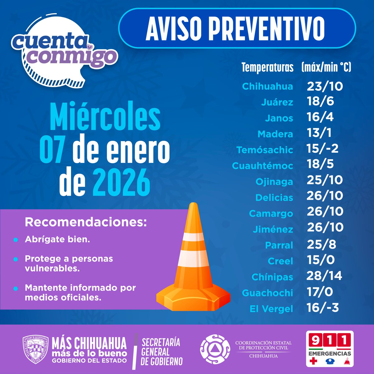 CEPC_Chih's tweet image. Miércoles 07 
Mañana fría, tarde templada a cálida; heladas en la sierra.
🌥️ Cielo de parcialmente nublado a nublado.
💨 Vientos muy fuertes a intensos, con rachas severas en varias zonas del estado.
⚠️ Posibles tolvaneras y reducción de visibilidad en tramos carreteros.