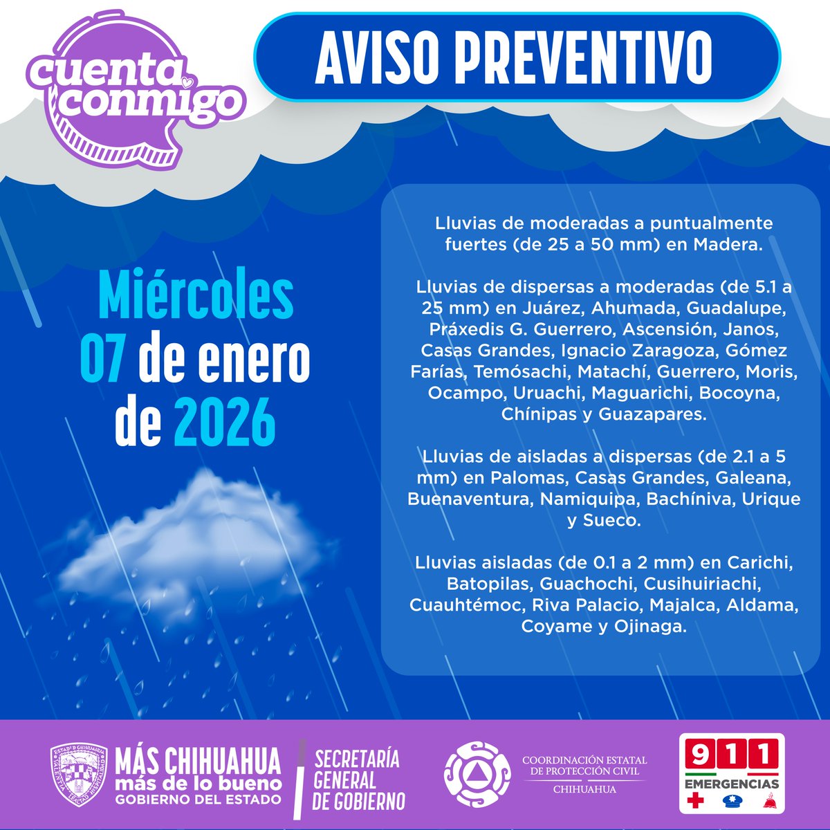 CEPC_Chih's tweet image. Miércoles 07 
Mañana fría, tarde templada a cálida; heladas en la sierra.
🌥️ Cielo de parcialmente nublado a nublado.
💨 Vientos muy fuertes a intensos, con rachas severas en varias zonas del estado.
⚠️ Posibles tolvaneras y reducción de visibilidad en tramos carreteros.