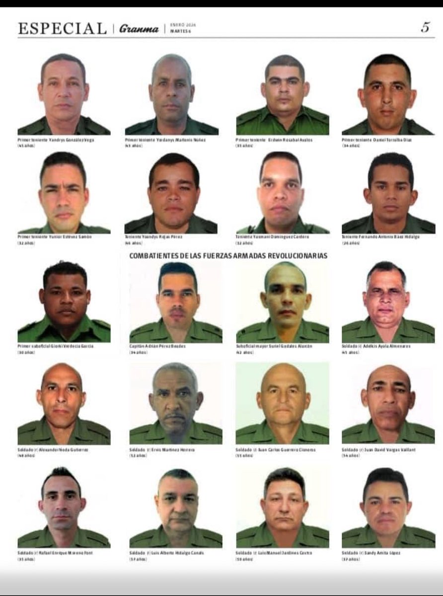 El gobierno de Cuba publicó las fotos y nombres de los 32 mártires combatientes cubanos que fueron asesinados por Estados Unidos y mientras combatieron defendiendo  la vida del presidente Nicolás Maduro y su esposa, la Primera Dama, Cilia Flores.