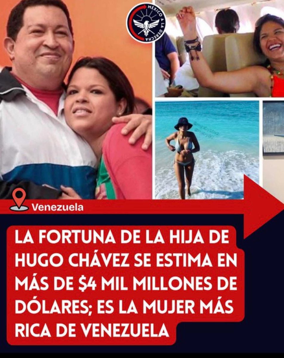 Hija de tigre, pintita. Igual que en México, se han enriquecido los hijos parásitos de López Obrador.

La hija de Chávez tiene una fortuna estimada en 4,200 millones de dólares.
El hijo de Maduro, más de 1,000 millones de dólares.
La fortuna de Nicolás Maduro, en 2015, se