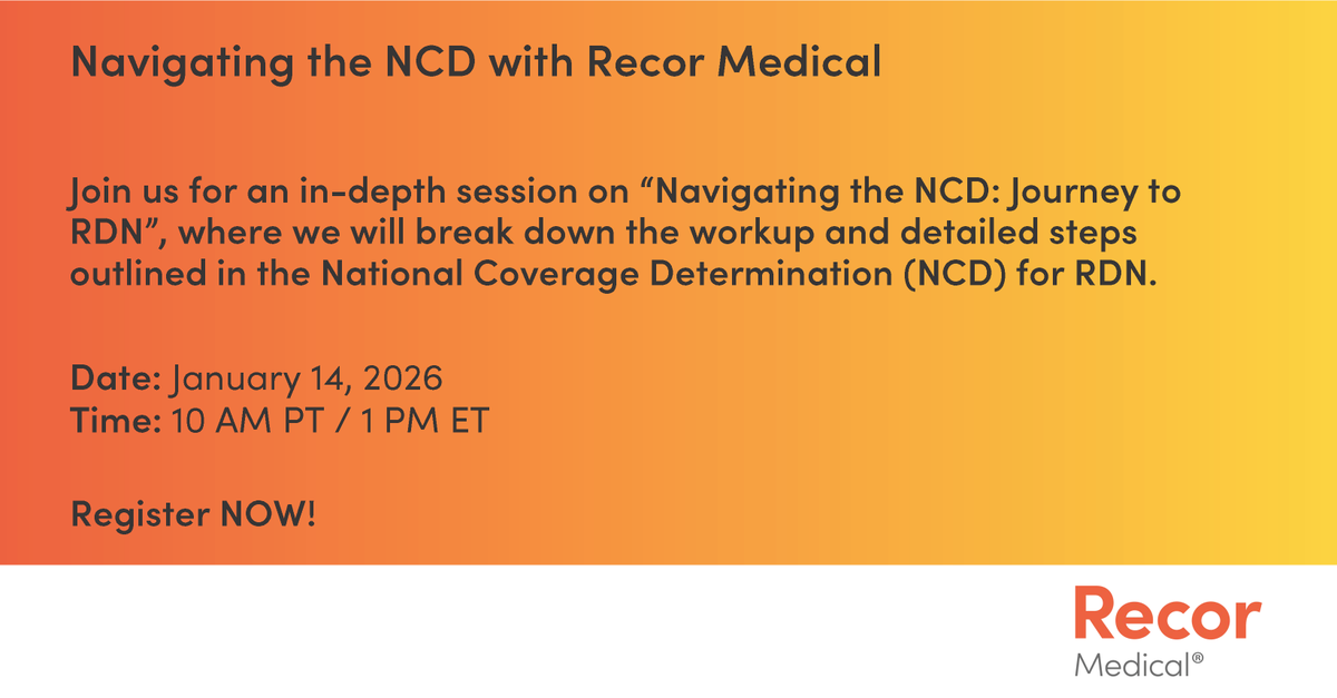 RecorMedical's tweet photo. Join us for an in-depth session on “Navigating the NCD: Journey to RDN”, where we’ll break down the workup and detailed steps outlined in the National Coverage Determination (NCD) for RDN.

Navigating the NCD: Journey to RDN
Date: January 14, 2026
Time: 10 AM PT / 1 PM ET
Register Now: https://t.co/PJ7kwFLrAm

This webinar will cover:

🔸Key requirements for patient eligibility
🔸Step-by-step process for providers
🔸How to prepare patients for referral to a specialist for RDN consideration

Whether you’re a clinician, care coordinator, or part of a health system team, this session will provide practical insights to streamline the journey and ensure compliance with the NCD.