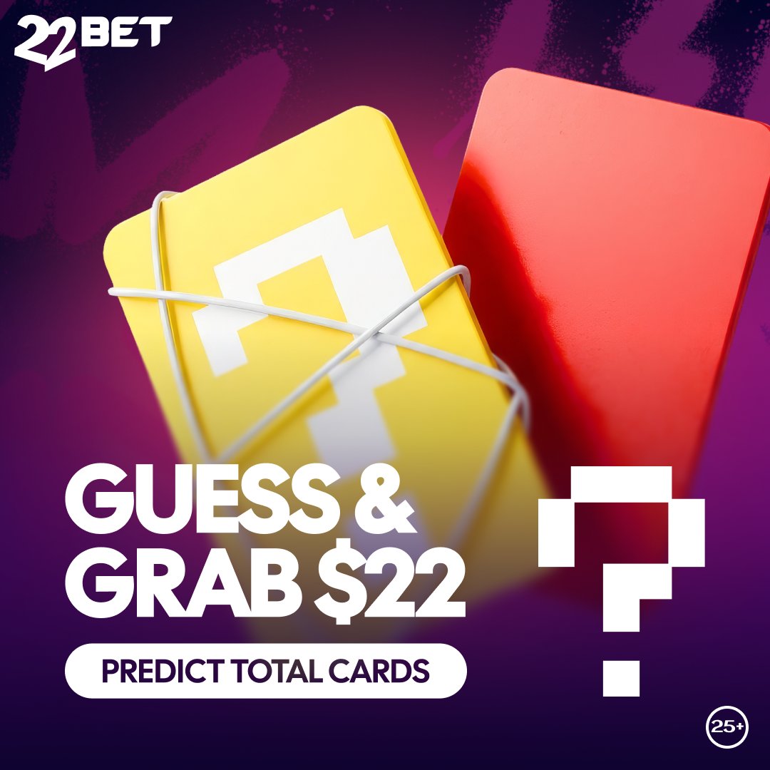 22BET_Uganda's tweet image. Predict the total number of cards 🟨🟥 in today’s matches for a chance to win a $22 promo code.

How to participate:
✔️ Follow
✔️ Retweet
✔️ Comment with the correct answer.

22 lucky winners will be rewarded. T&amp;amp;Cs apply

#22BETAFCON