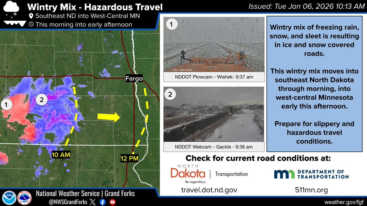 NWSGrandForks's tweet photo. Wintry mix of freezing rain, snow, and sleet is resulting in ice and snow covered roads. This wintry mix moves into southeast North Dakota through morning, into west-central Minnesota early this afternoon. Prepare for slippery and hazardous travel conditions. #ndwx #mnwx https://t.co/eLtjoUZCXY