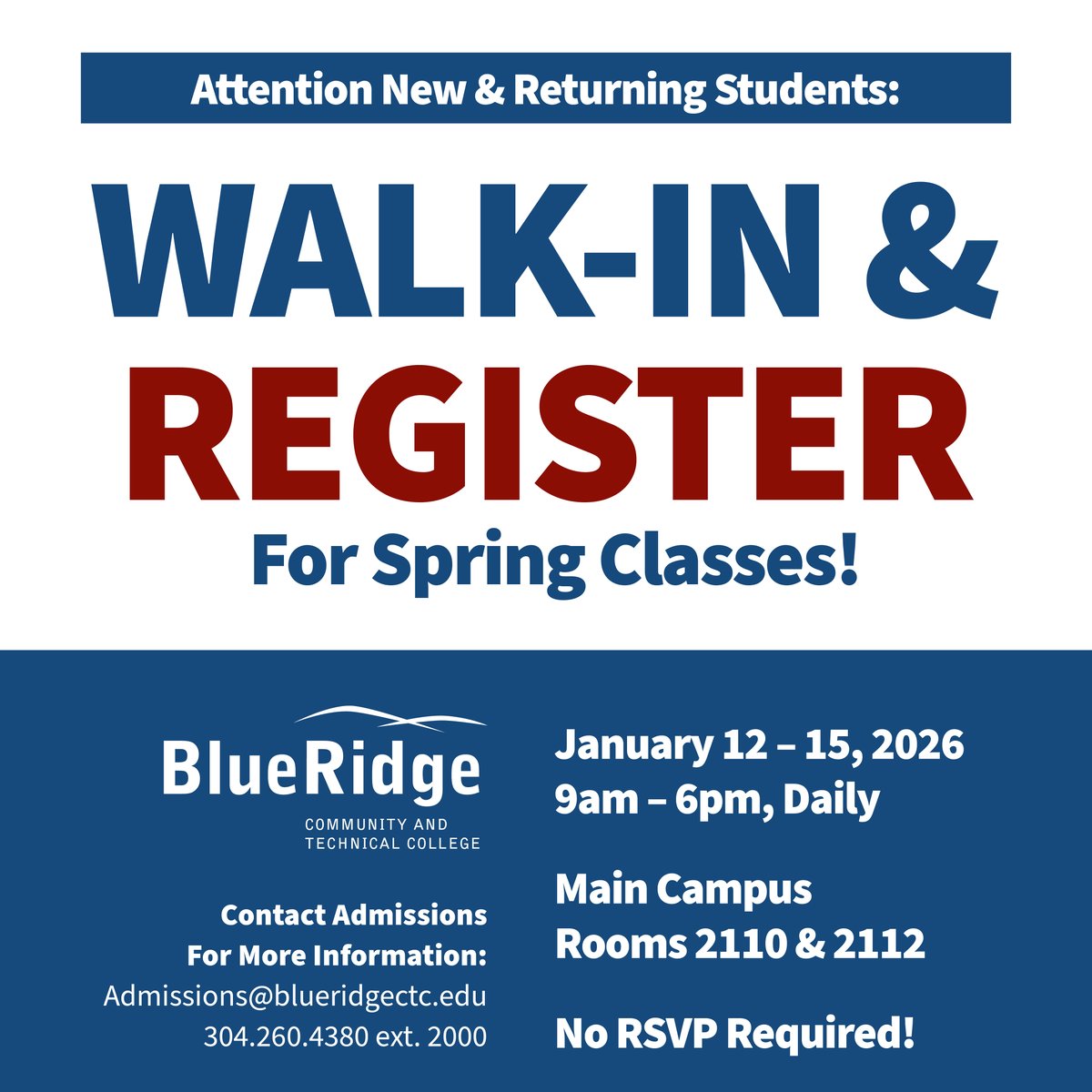 The start of our Spring classes is fast approaching! Do you still need to register for your classes? Stop by anytime from 9 AM to 6 PM from January 12-15th to get it done. No RSVP is required!