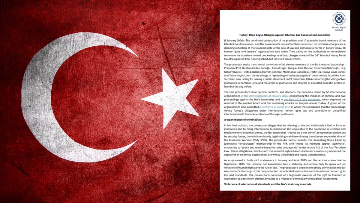 #Türkiye - IBAHRI and 37 other #HumanRights &amp; #lawyers’ orgs have issued a joint statement calling on Turkish authorities to immediately stop the abusive, ongoing criminal proceedings against <a href="/istbarosu/">İstanbul Barosu</a> ahead of the expected final hearing (5-9 Jan).

Read: tinyurl.com/ycxtcxab