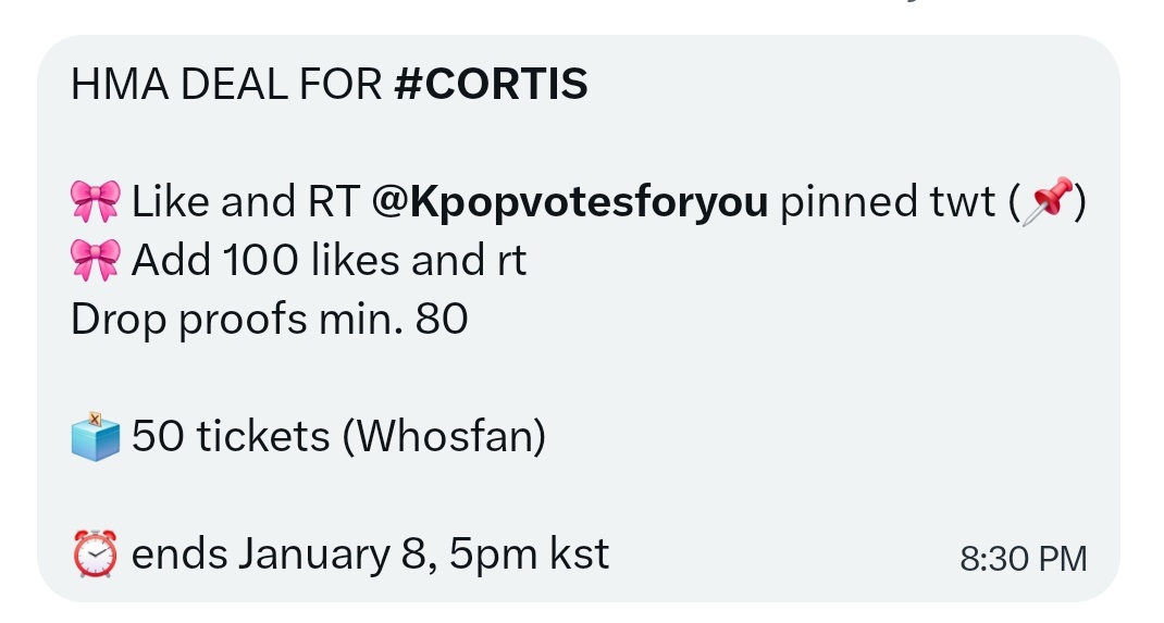 votecortis's tweet photo. HMA DEAL FOR #CORTIS #코르티스

🎀 Like and RT @Kpopvotesforyou pinned twt (📌)
🎀 Add 100 likes and rt
Drop proofs min. 80

🗳️ 50 tickets (Whosfan)

⏰ ends January 8, 5pm kst https://t.co/MMMJZ2ZNTE