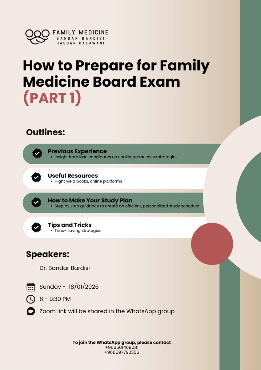 BanBardisi's tweet photo. كما وعدناكم 🤍
نلتقيكم في لقائنا السنوي
 للاستعداد لاختبار *Part 1*

✨*How to Prepare for Family Medicine Board Exam*✨

لقاءنا هذا بإذن الله بيكون مساحة نشارك فيها خبراتنا
ونراجع أهم النقاط اللي تصنع الفرق في رحلة التحضير.

*راح نتكلم عن أربع نقاط أساسية:*

1- مصادر المذاكرة وكيف تختار الأنسب لك
2- خطة مذاكرة مقترحة مع تقسيم الوقت 
3- نصائح  تختصر عليك الوقت والجهد
4- *الأهم 🤍 تجارب أطباء حصلوا على درجات عالية في اختبار السنة الماضية*

*وفي ختام اللقاء راح نشارككم
آخر التحديثات الخاصة بكورس
✨ *Mastering Family Medicine* ✨

 نلقاكم بإذن الله
يوم الأحد 18 / 01 / 2026

من 8:00 إلى 9:30 مساءً

🎁 اللقاء مجاني

*رابط اللقاء*
سيتم إرساله عبر قروب الواتساب الخاص بـ R1 فقط

*ملاحظة:* 🔴
إذا كنت R1 family medicine  وحاب تنضم للقروب 
فقط تواصل معنا على الواتساب 
https://t.co/L5P7d0YvC4
او على الرقم :
+966 50 146 9081