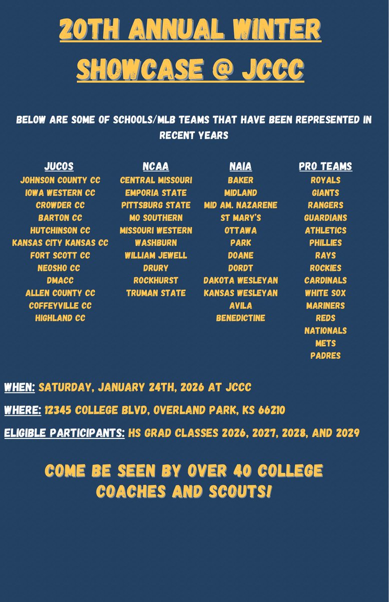 🚨HS Athletes🚨Spots are running out! Come be seen at the 20th annual Cavalier Winter Showcase! Jan 24th, 2026 at JCCC. This event routinely has 150+ athletes and 40+ coaches and pro scouts in attendance! More info and Sign up link below!

eventbrite.com/e/20th-annual-…