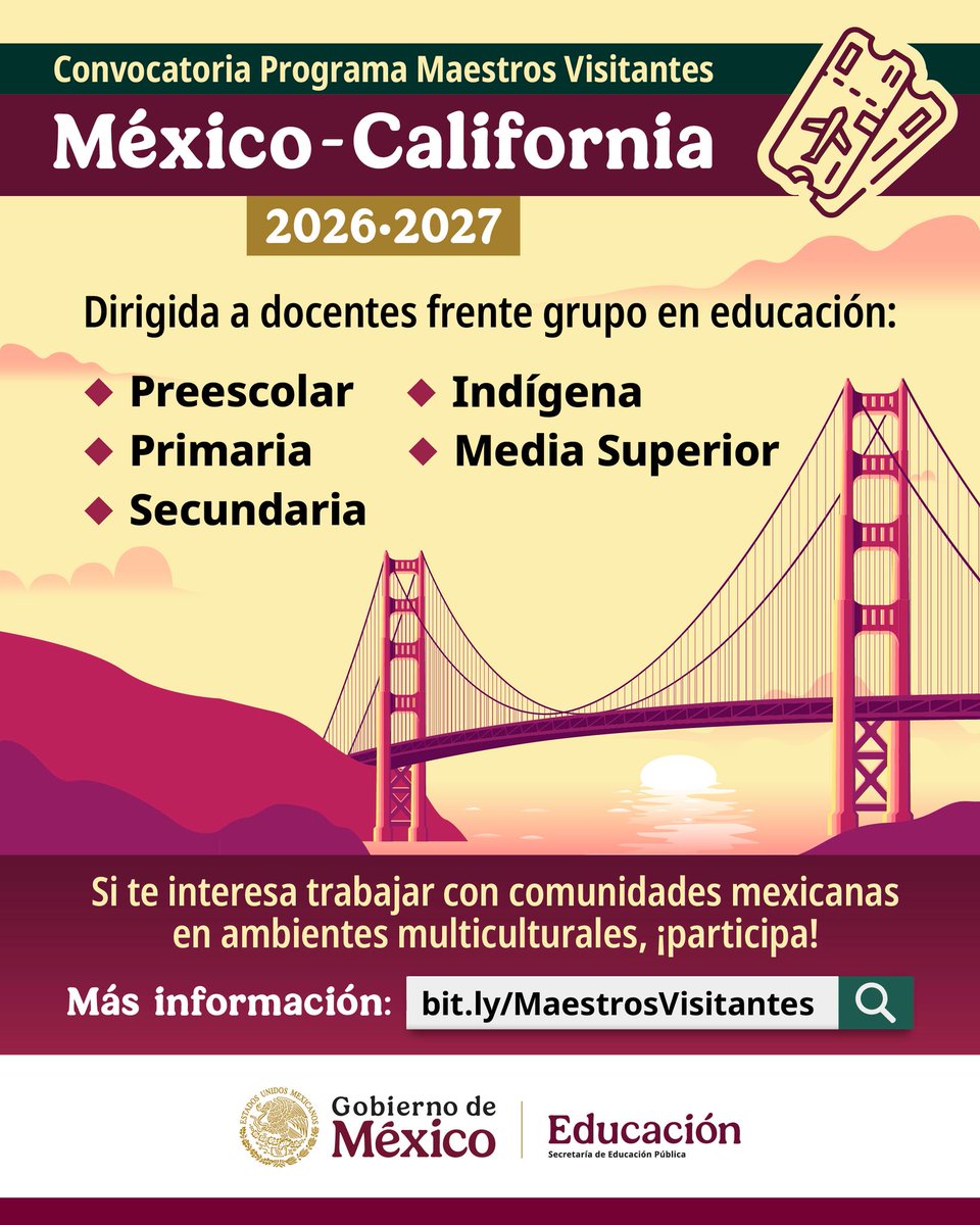 SEP_mx's tweet photo. ¡#Docente! Cumple tu propósito de viajar este 2026. 😉✈️ Participa en la convocatoria de #MaestrosVisitantes para impartir clases a comunidades mexicanas en los #EstadosUnidos. 🇲🇽🫱🏼‍🫲🏽🇺🇸

👉🏼 Checa los requisitos en: https://t.co/3cYUUGVRKG

🚨 ¡Tienes hasta el 30 de enero de 2026! https://t.co/04si4grmHV