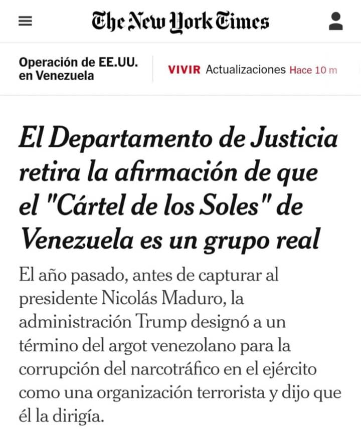 Confirmado por el propio imperio!  #ElCártelDeLosSolesNoExiste nunca existió 
Fue un invento mediático para justificar bloqueos, sanciones y agresiones.
Hoy el Departamento de Justicia de EE.UU. lo borra de su acusación.  
La verdad siempre sale a flote. #UnleashDracarys🔥🐉