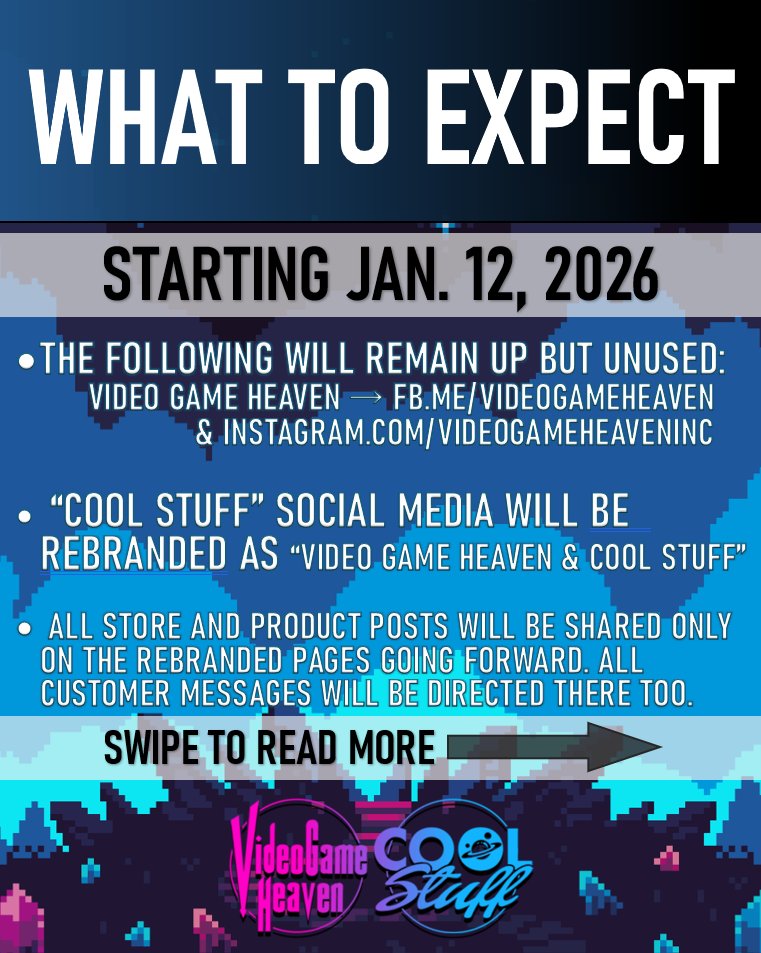 vghcoolstuff's tweet photo. LET'S MAKE THINGS EASIER! We are merging our Facebook and Instagram pages between Video Game Heaven and Cool Stuff into one. If you're only following Video Game Heaven then be sure to follow the rebranded pages under the new name "Video Game Heaven &amp; Cool Stuff". https://t.co/0uvAm2MFSX