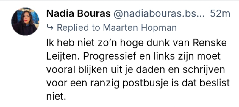 <a href="/BartNijman/">Bart Nijman</a> Leijten trok met jaren en jaren inzet het Toeslagenschandaal boven tafel. Stond ouders persoonlijk bij. 

Bouras deed, wacht ... - Bouras heeft ... - eh