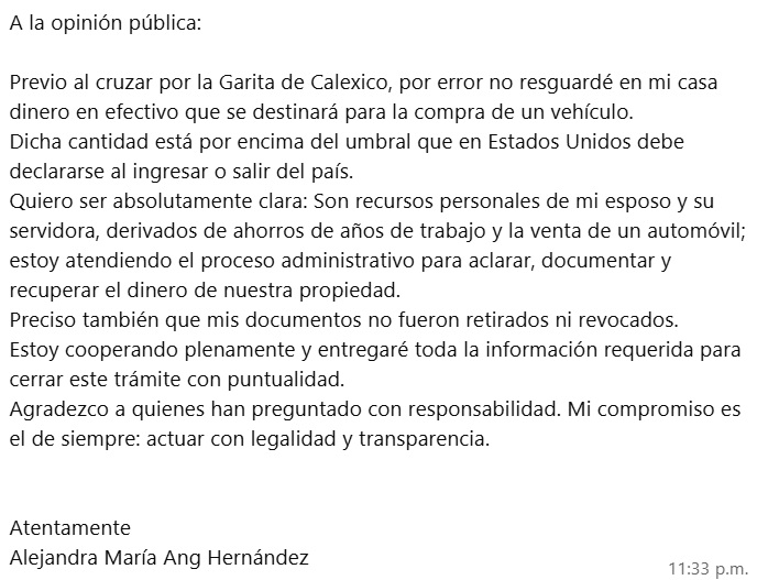 MLopezSanMartin's tweet image. Retienen en la garita de Calexico a Alejandra Ang, diputada de Morena en Baja California

Intentó cruzar a EU con 40 mil dólares sin declarar

Dice que, "por error", no resguardó el dinero en su casa

Aseguró que el dinero era para comprarse un auto