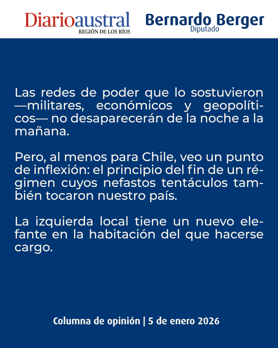 Les comparto mi columna del Diario Austral, titulada "La izquierda y la situación de Venezuela". La detención de Nicolás Maduro marca un punto de inflexión para Venezuela y la región.
#NicolasMaduro #chile #noticia #NoticiaInternacional #diputadoberger