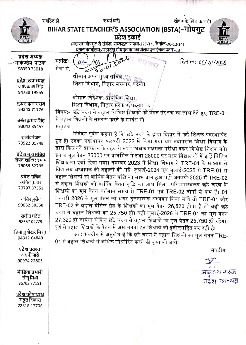 BSTA - गोपगुट ने उठाया छठे चरण 2022 में बहाल शिक्षकों के वेतन विसंगति का मामला । अपर मुख्य सचिव शिक्षा विभाग को लिखा पत्र। 🙏
<a href="/btetctet/">बिहार शिक्षक मंच</a>