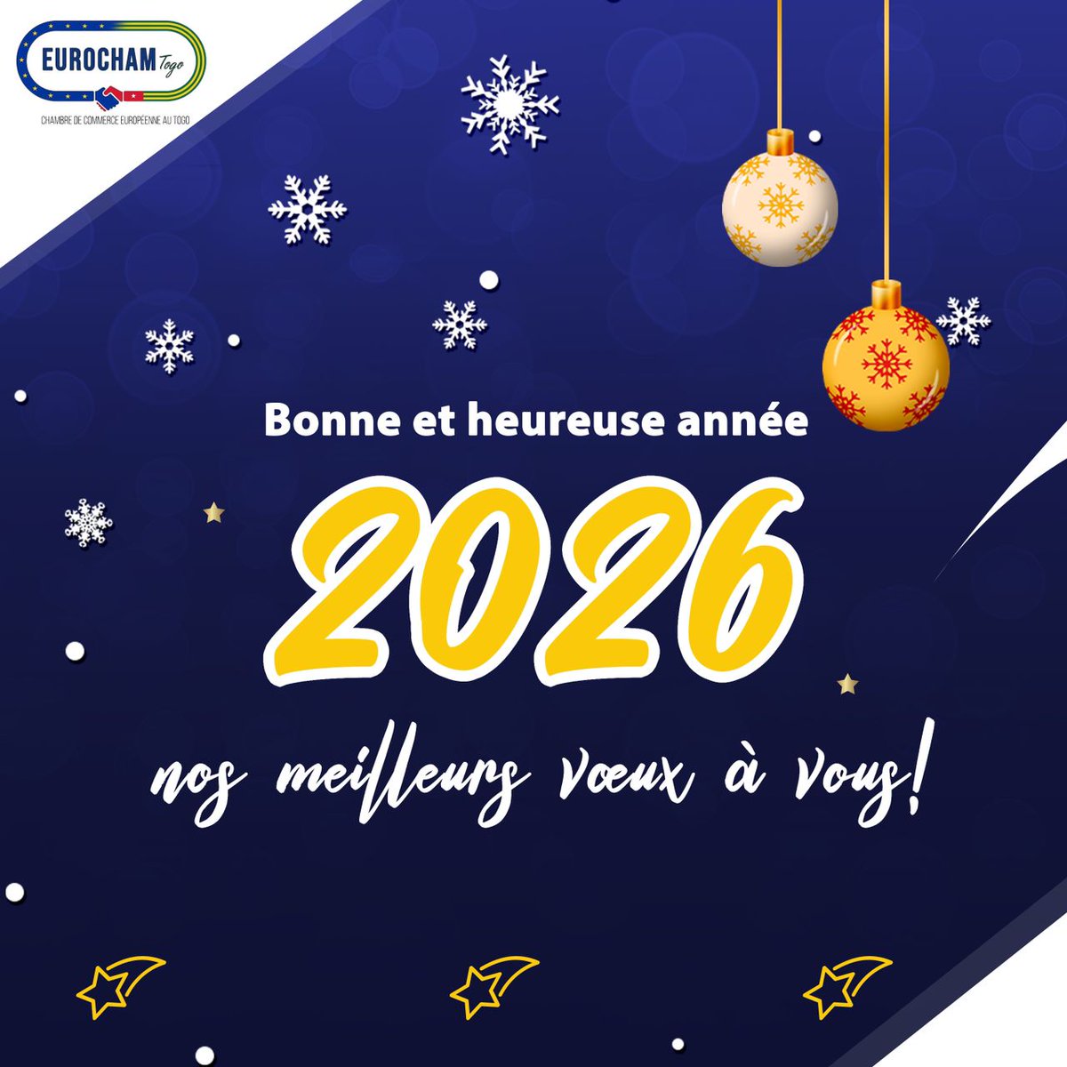 EurochamTogo's tweet photo. ✨ Bonne et heureuse année 2026 ! ✨

Eurocham Togo adresse à ses membres et partenaires ses meilleurs vœux de santé, de réussite et de partenariats fructueux.

Ensemble, poursuivons une année d’opportunités et de croissance. https://t.co/fmQarKKA1w